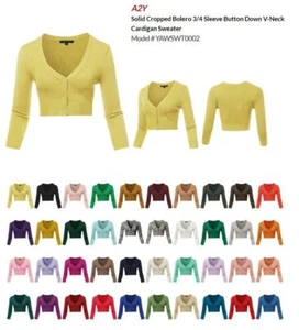 Solid Cropped Bolero 3/4 Sleeve Button Down V-Neck Cardigan Sweater - Picture 1 of 40