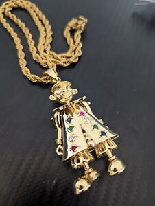 Brand New Gold Tone Articulated Clown Pendant And Necklace Vintage Moving Parts