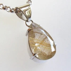 Faceted Teardrop Gold Rutilated Quartz Pendant Claw Set in Sterling Silver - Picture 1 of 7