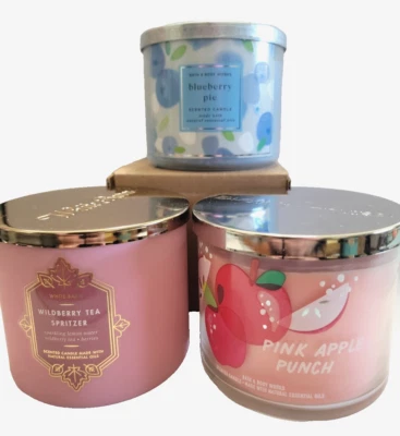 Bath Body Works 3 Wick Candles 3 Pack Blueberry Pie Wildberry Tea Spritzer Pink - Image 1 of 4