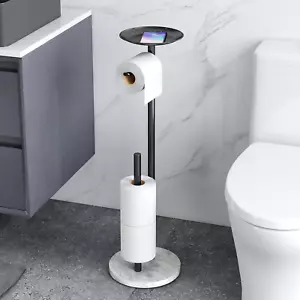 Free Standing Toilet Paper Holder Stand with Marble Base & Phone Shelf – Black - Picture 1 of 12