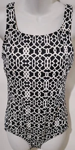 Lands End Women's One Piece Tugless Tank Swimsuit Black White Slimming Size 10 - Picture 1 of 6
