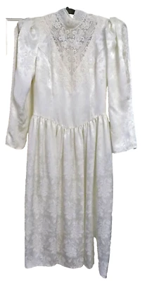 Vestido de Boda De Colección Scott McClintock Marfil Encaje Satinado Cuello Alto Abullonado Manga Larga M Foto 1 de 4