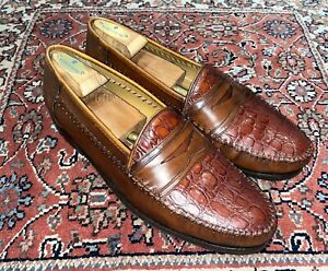 Sandro Moscoloni Mens Tan Genuine Crocodile & Leather Loafers Shoes, Sz. 10