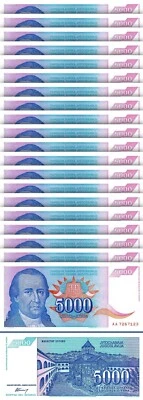 Yugoslavia 5000 Dinars 1994, UNC, 20 Pcs LOT, Consecutive, P-141 - Image 1 of 4