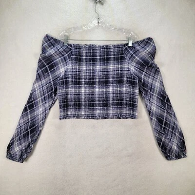 Blusa INC Mujer Top Talla XL Azul A Cuadros Elastizada Brillo Fuera del Hombro Calado NUEVA Foto 1 de 4