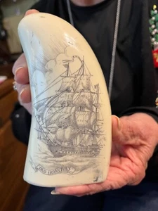 SCRIMSHAW REPRODUCTION SPERM WHALE TOOTH " OLD IRONSIDES" 7 " USS CONSTITUTION - Picture 1 of 3