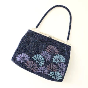 Japanese Vintage Beaded Evening Bag Dark blue Hemp leaf & flowers pattern 8 x 6" - Picture 1 of 19
