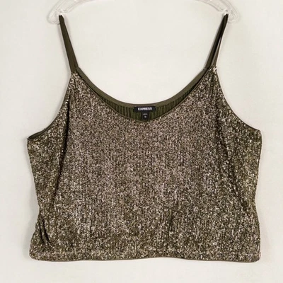 Camiseta sin mangas Express para mujer XL verde oliva recortada cami lentejuelas elástico cuello redondo Foto 1 de 4