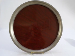 RARE VINTAGE PEWTER FLARED RIM WOOD GRAINED FORMICA SERVING TRAY POOLE 15" b23 - Picture 1 of 8