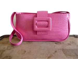 PINK FAUX LEATHER SNAKESKIN FLAP MAGNETIC SNAP +ZIP CLOSURE HANDLE SMALL BAG - Picture 1 of 5