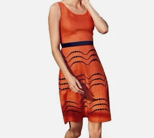 Boden Linen Dress Orange Navy Blue Embroidered Beaded Wave Pattern 8 R US 4 R - Picture 1 of 18