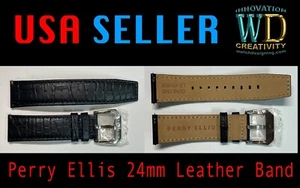 NEU Perry Ellis 24 mm schwarz Echtleder Band Edelstahl Schnalle - Bild 1 von 1