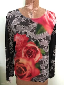 FRANCESCA ROSE PULLOVER TOP LONG SLEEVES LARGE RED ROSE FRONT SIZE L - Picture 1 of 12