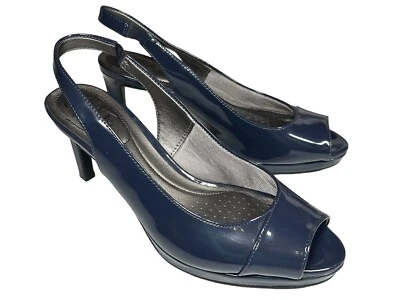 Zapatos de salón LIFESTRIDE Icon TALLA 8 azul marino charol punta abierta tacón con tira trasera Foto 1 de 4