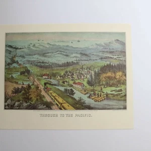 Currier & Ives Vtg Paper Print Through Pacific River Train Logging Mountain Farm - Picture 1 of 7