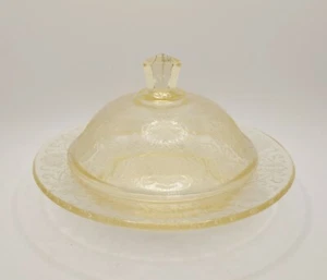 Vtg Florentine #2 Poppy Depression Glass Butter Dish & Lid Yellow Hazel Atlas - Picture 1 of 11