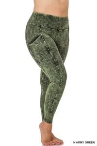 PLUS MINERAL WASH WIDE WAISTBAND FULL LENGTH LEGGINGS W/POCKETS 1X-3X 7 COLORS - Picture 1 of 10