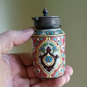 1880s FRENCH VIEILLARD BORDEAUX ENAMEL FAIENCE ART POTTERY MUSTARD W/BRASS LID - Picture 1 of 11