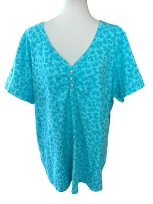 Essentials By Maggie Aqua/Turquoise Short Sleeve V-Neck Butterfly Top-26/28-NWT - Image 1 of 2