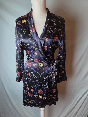 Vestido corto Alix envolvente negro leopardo floral satinado manga larga fiesta/club/talla XS Foto 1 de 4