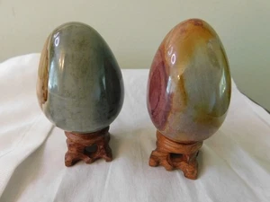 Natural Ocean Jasper Agate Crystal Egg Pair of Two Eggs w/ Bases - Picture 1 of 9