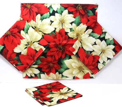 Lotto 4 Tovaglioli Natalizi 17x17 Poinsettia Poliestere Rosso Bianco Verde Panno - Immagine 1 di 4