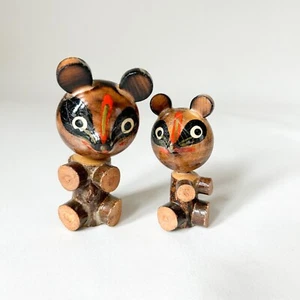 Vintage Japanese Tanuki Wood Hand Carved Folk Art Pair Raccoon or Bear IOB - Picture 1 of 13