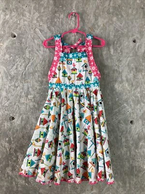 Big Girls 手工制作 7 多色鸟屋印花合身喇叭无袖背心裙 — 第 1/4 张图片