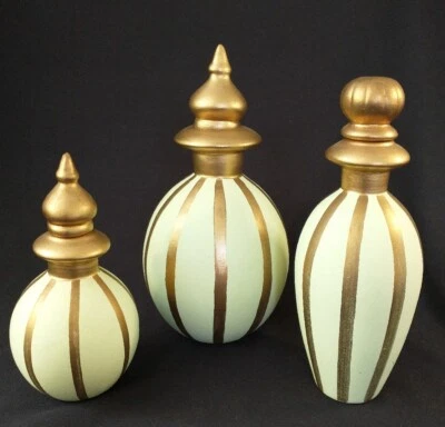 Набор из 3 керамических бутылок с пробками золотые полоски ручной работы декоративные недостатки - Изображение 1 из 4