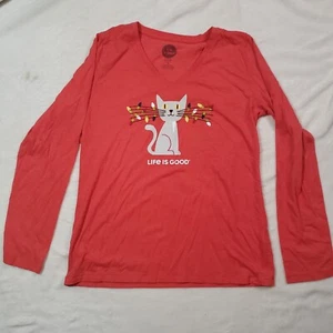 Life is Good Shirt Womens Med Red Crusher Tee Long Sleeve Cat Christmas Lights - Picture 1 of 6