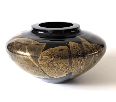 Iestyn Davies 1986 Stuart Strathearn Black Glass Gold Leaf Vase Ebony Vintage - Image 1 of 4