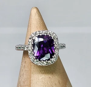 Anillo de cóctel de amatista creado en laboratorio corte cojín circonita cúbica acento halo talla 8 llamativo - Imagen 1 de 5
