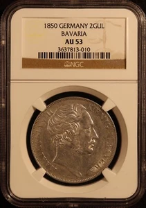 1850 German States - Bavaria Silver 2 Gulden "Maximilian II" -NGC AU53 - Luster! - Picture 1 of 6
