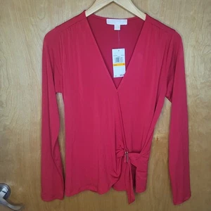 Michael Kors Long Sleeve Crimson Red Faux Wrap V-Neck Top Blouse Size Sm NWT - Picture 1 of 5