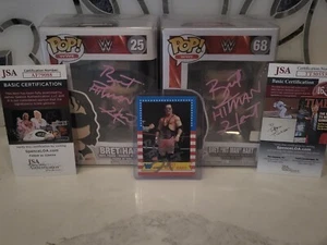 BRET HART SIGNED FUNKO POP #25 & #68 + SIGNED ROOKIE CARD W/PROTECTOR WWE WWF - Picture 1 of 18