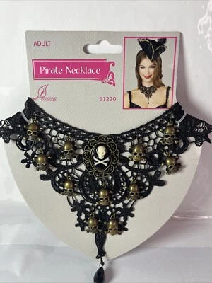 Gargantilla gótica retro negra de encaje victoriana babero calavera y huesos cruzados 14-17” pirata Foto 1 de 4
