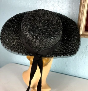 Vintage 40s pancake cartwheel flat crown straw hat tilt Black - Picture 1 of 6