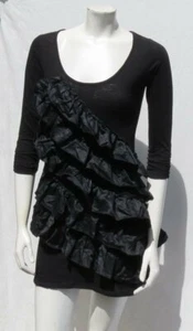 STEVE MADDEN Black Cotton Slub Jersey Silk Ruffle Flamenco Mini Dress sz US S M - Picture 1 of 5