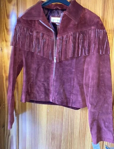 Women's Outer Edge Red 100% Suede Biker Jacket UK Size 10 Zips Fringes New - Picture 1 of 12