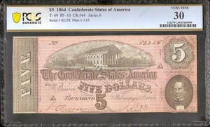 1864 $5 BILL CONFEDERATE STATES CURRENCY CIVIL WAR NOTE MONEY T-69 PCGS 30 - Picture 1 of 2