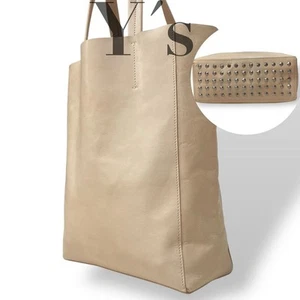 Y's Leather Tote Bag Beige All Leather Studded Large Capacity Authentic - Picture 1 of 15