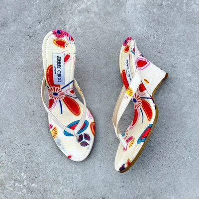 Jimmy Choo | Auténtico Tanga Cuña Blanco Estampado Floral Lona (36.5) Foto 1 de 4