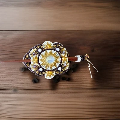 Handmade Tibetan Tribal Hair Stick Bun Pin Glass Beaded Gypsy Boho Leather Back - Image 1 of 4
