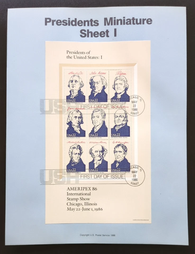 22c AMERIPEX Presidents Sheet 1 a-i 1986 SOUVENIR PAGE SCOTT # 2216 SP748 - Image 1 of 2