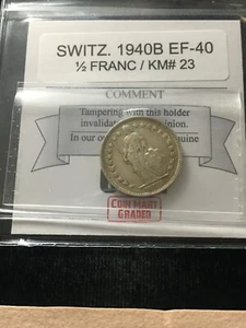 1940B Switzerland, 1/2 Franc, Coin Mart Graded**EF-40** KM# 23 - Picture 1 of 8