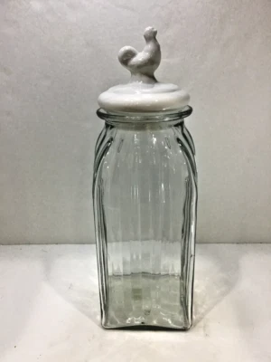 Country Farmhouse Ribbed Glass 13" Canister White Ceramic Chicken Lid - Image 1 of 2