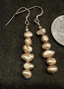 Artisan 925 Sterling Silver Drops Earrings Beaded Golden Brown Pearl Hooks - Picture 1 of 6