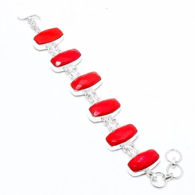 Bracciale gioiello fatto a mano in argento 925 con pietre preziose corallo ro... - Immagine 1 di 2