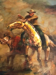 Western Cowboy handbemalt Leinwand Stray Hereford Team Roper Rodeo Cowboy - Bild 1 von 9